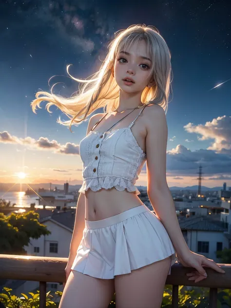 the background is a city, perfect white-haired girl,  in dress, ((pulling up completely her skirt, 1.9)), ((pulling up completel...