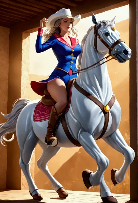 a beautiful busty cowgirl riding a white robot horse, wearing sailor moon suits, (cowboy hat:1.3), detailed facial features, highly detailed, photorealistic, 8k, masterpiece, dynamic lighting, dramatic lighting, cinematic composition, vivid colors, warm co...