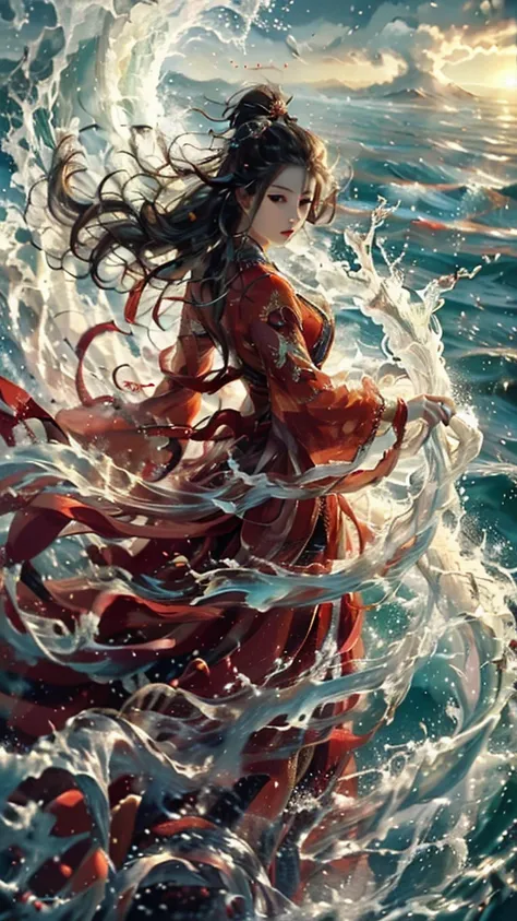 haifeisiv6,anime,a woman in a red dress is in the water,beautiful render of tang dynasty,greg rutkowski highly detailed,sea spra...