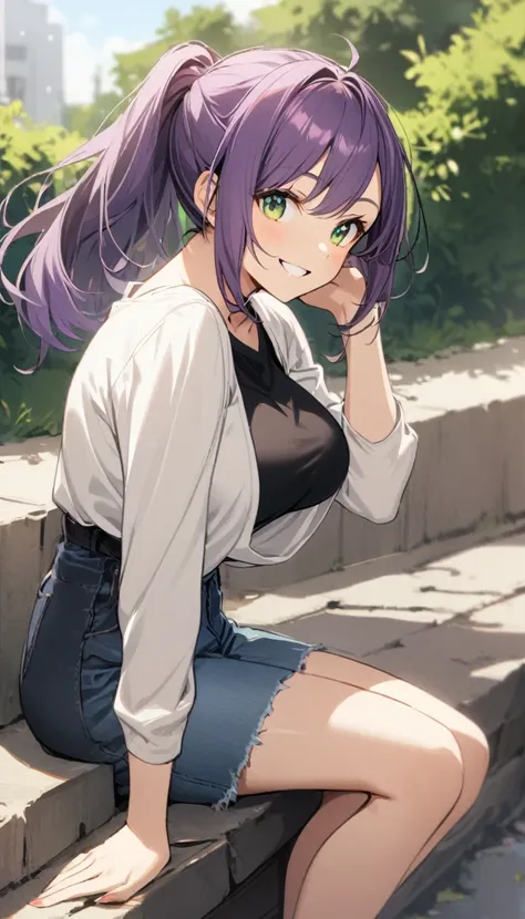 1girl,purple ponytail hair,green eyes,large breasts,smile,casual