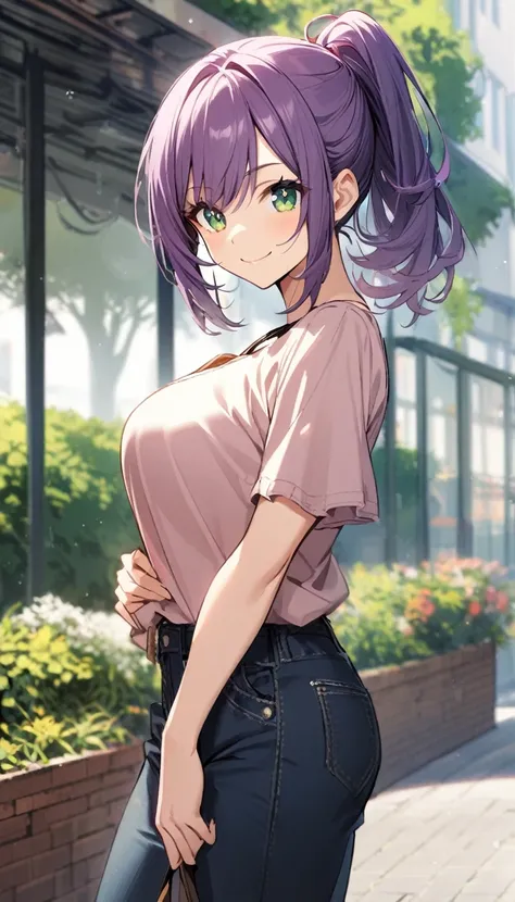 1girl,purple ponytail hair,green eyes,large breasts,smile,casual