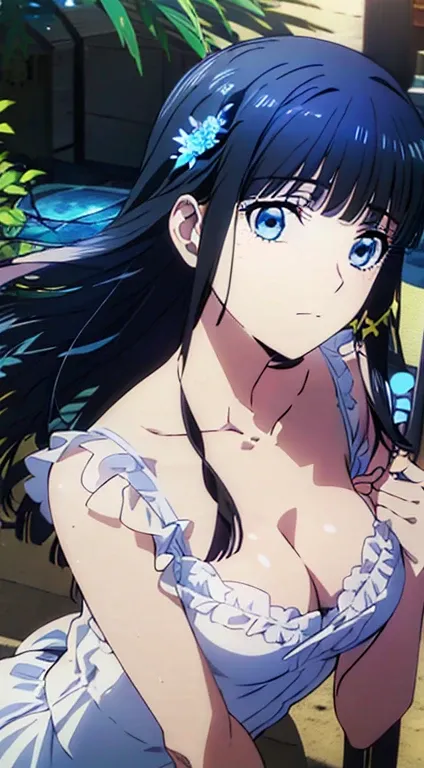 shiba miyuki (azure eyes:1.7), long black hair,(ample chest:1.2), leaning forward BREAK collarbone, ((translucent frilly white dress)), bare arms, bare shoulders, bare legs BREAK looking at viewer, BREAK ((outdoors on the sandy beach)), BREAK (masterpiece:...