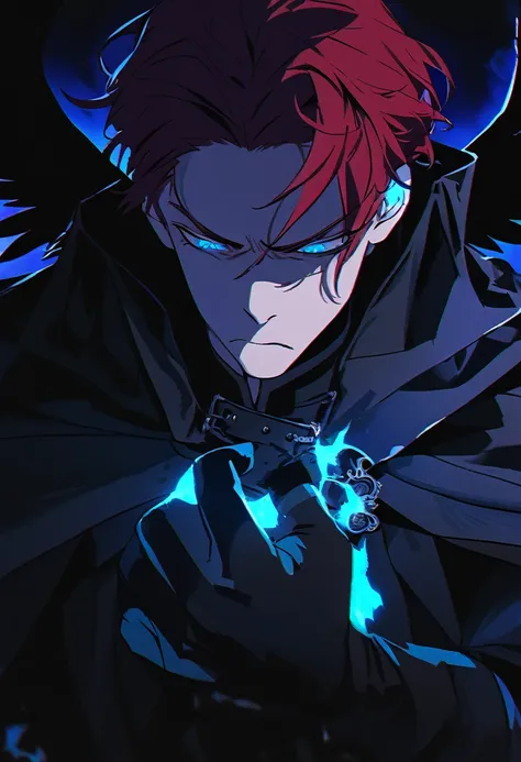 Solo male, male, dark red hair, frowning, black wings,  glowing blue eyes, black lighting, dark clothing, gloves, dark aesthetic