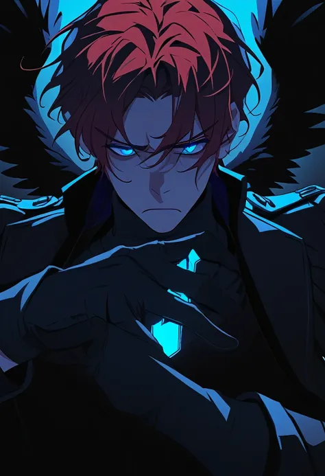 Solo male, male, dark red hair, frowning, black wings,  glowing blue eyes, black lighting, dark clothing, gloves, dark aesthetic