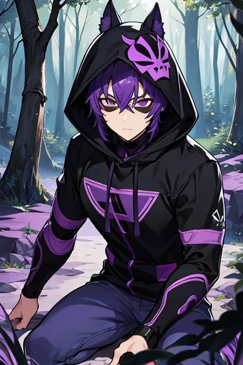 man, black and purple ninja, short purple hair, black face mask, In a forest, black hood 