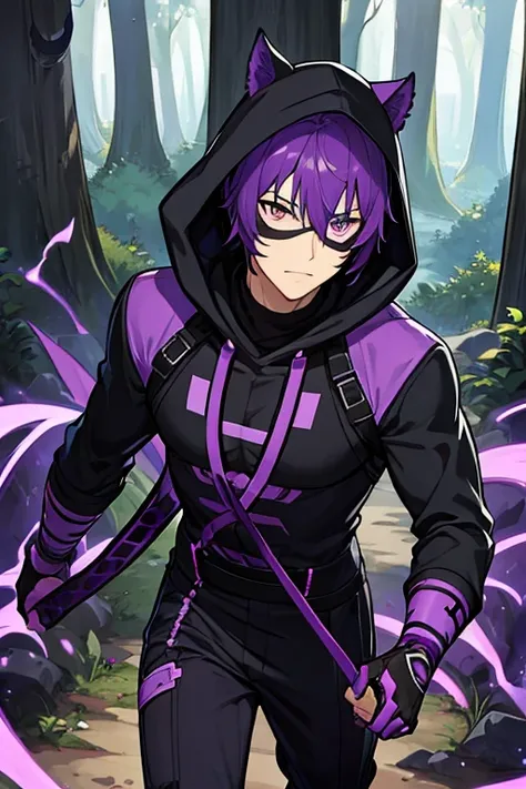 man, black and purple ninja, short purple hair, black face mask, In a forest, black hood 