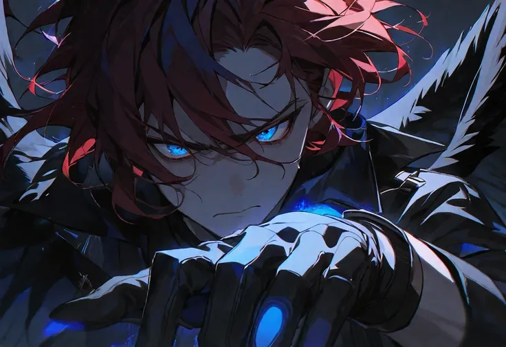 Solo male, male, dark red hair, frowning, black wings,  glowing blue eyes, black lighting, dark clothing, gloves, dark aesthetic