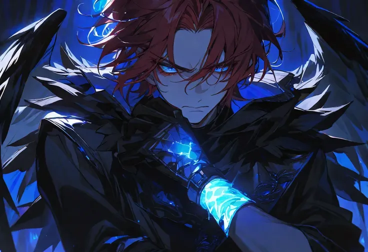 Solo male, male, dark red hair, frowning, black wings,  glowing blue eyes, black lighting, dark clothing, gloves, dark aesthetic