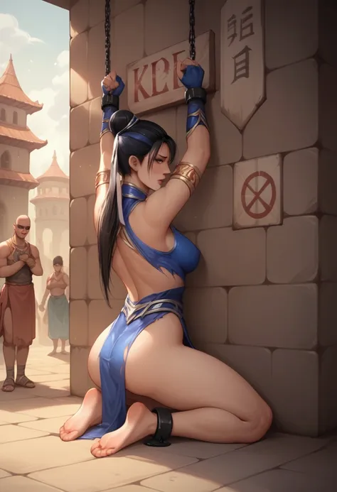 score_9, score_8_up, score_7_up, source_anime, kitana mortal kombat, kneeling, tiptoes, torn clothes, chained to wall by neck, s...