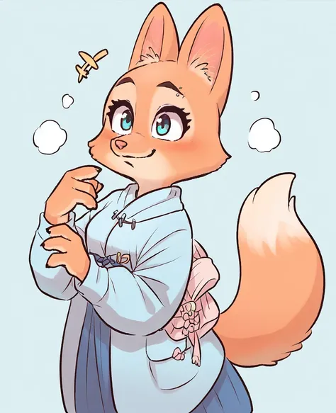 Little Fox, fox girl, by ginger, fur color hair, blue colored eyes, rosto similar à Diane Foxington, cute , 4 fingers, cute pink dress, hair clips, on his knees, eyes locked, shy smile, flushed, looking to the down, wagging the tail