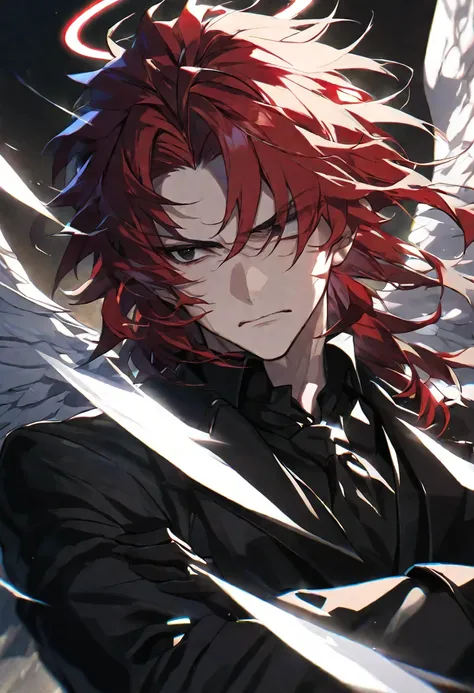 Solo male, male, mullet hair with bangs, bright red hair, black eyes, white wings with halo, frowning lips, black suit, black gloves, crossing arms, shining light