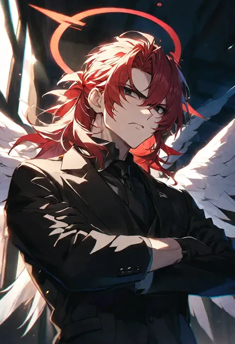 Solo male, male, mullet hair with bangs, bright red hair, black eyes, white wings with halo, frowning lips, black suit, black gloves, crossing arms, shining sunlight, outside background