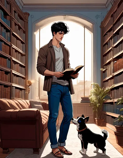 young man with short wavy black hair, blue eyes, reading a book beside his dog in a library, high-fidelity rendering illustratio...