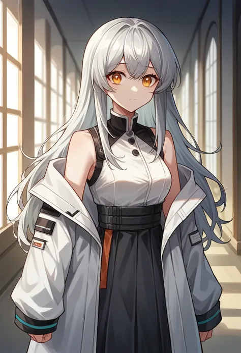 anime girl with long hair and white coat standing in a hallway, girls front line style, of the girls on the front line, dos arknights, anime portrait espaço cadete garota, Cute anime girl, anime look of a beautiful girl, silver hair girl, an anime girl, an...