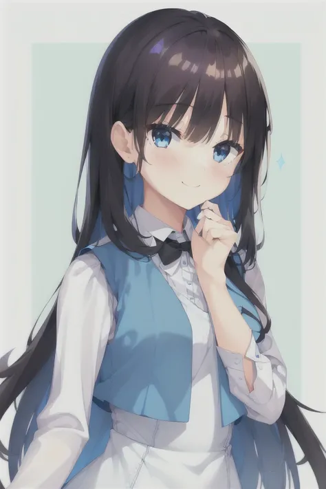 1girl,bangs,blunt_bangs,middle_long_hair,独奏,Blue_eyes,blush,simple_background,white_background,black_hair,necklace,smile,long_sleeves,dress,shirt,Vest,white_shirt,puffy_sleeves,own_hands_together,closed_mouth,(Blue_Vest:1.3), bangs, Blue Vest, (white dress...