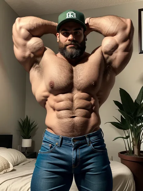 Image is a portrait-style photograph featuring a huge, beefy, big, muscular bearded man with a well-defined, hairy chest and arms. He has a light to medium skin tone, a full beard, and is wearing a green and maroon baseball cap with a white rectangular log...