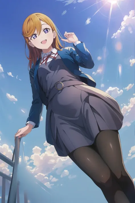 (Highest quality, masterpiece:1.2), One Girl, alone, (whole body:1.2),  Light on the face, blue sky, sunlight, Lens flare, smile, View your audience, Open your mouth, From below, spring, Shibuya Kanon,