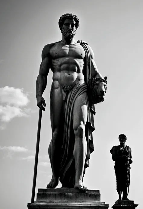 "A dark landscape image of an ancient greek society deeply connected to stoicism, black and white, ancient greek architecture, include one single big statue of a stereotypical strong greek man