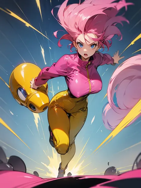 a mature woman , hero pose, big pink hair, shining blue eyes, dark yellow jumpsuit. hero pose, big breasts35 years old, running away from an old UFO, looking at the camera