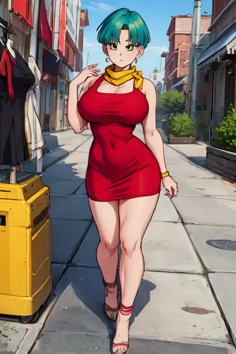 best quality, full body seen from below ((short green hair)).  (( anime bulma dragon ball z)) (( red dress)) mujer 30 years old,...