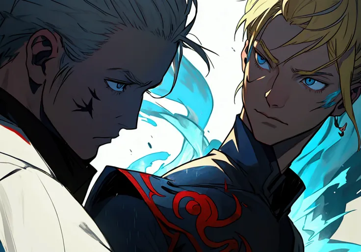 a young blonde man giving the final blow to a young man with white hair, dramatic scene, best detail, clash, battlefield, 2 fighters, blue flames, battle marks, firebender and waterbender, drama, pinnacle of art, the end of the clash, blonde character wins...