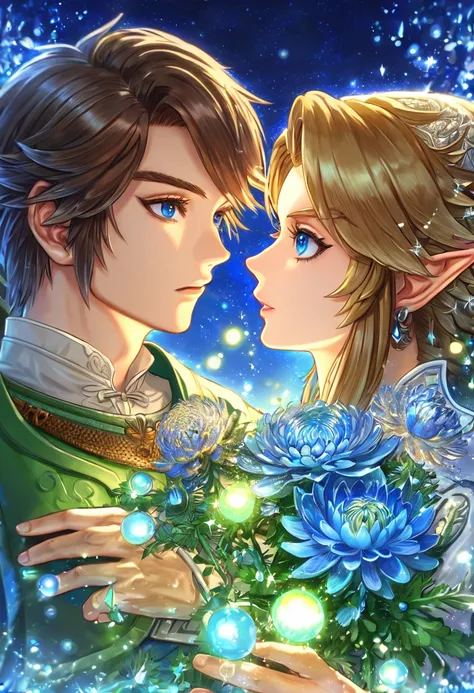 absurdres, highres, ultra detailed, HDR, master piece, best quality, extremely detailed, Link, brown hair, expressive blue eyes, The Legend Of Zelda Twilight Princess, Zelda, brown hair, expressive blue eyes, a handsome man together with a beautiful woman,...