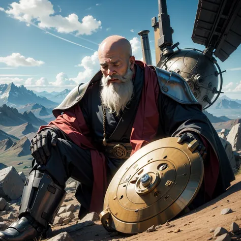 bearded monk with closed eyes meditating on top of a mountain, around you destroyed robots