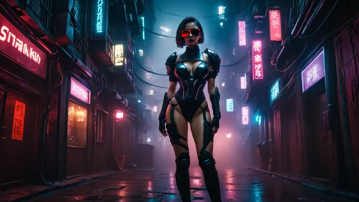 ((fisheye lens)), (1girl, solo, alone), a cyborg female warrior wearing a futuristic leotard standing in a GhostlyStyle cyberpunk city alley at dark night, darksynth aesthetic, red neons, atmospheric fog, large-breast:1.2 slim body, cleavage:1.1, (black su...