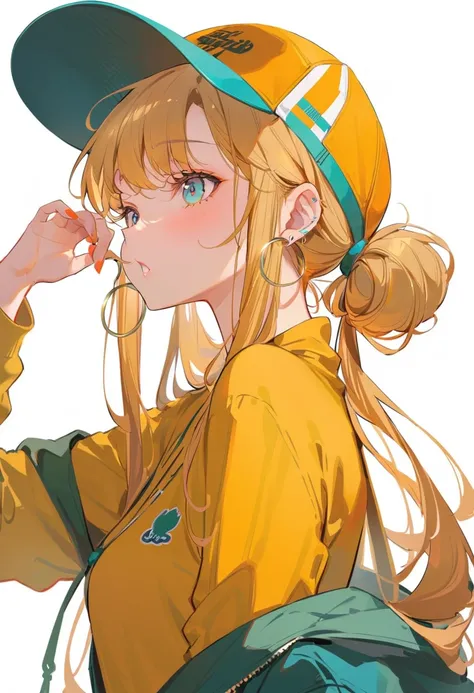 Ski style, miku havesune, masterpiece, best quality, 1 Girl, blush, Aqua eyes, cap, Shut up, earrings, have, hoop earrings, Jewelry, Looking at the audience, shirt, Simple background, Solitary, Upper Body, yellow shirt