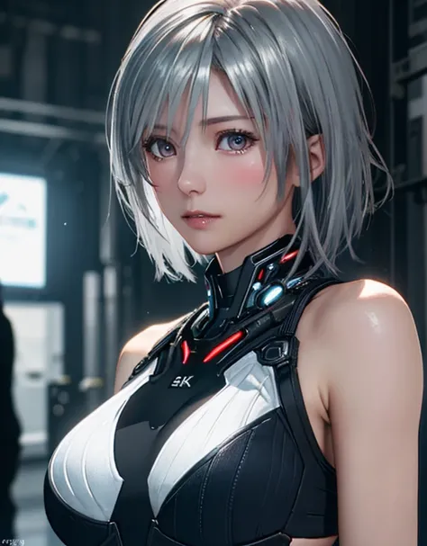 (8k, Realistic, RAW Photos, Highest quality: 1.3), (One Girl), とてもbeautiful, (Realistic Face), (boyish, Silver color very short hair), beautiful cyberpunk suit, A brilliance that captivates the viewer, beautiful expression, beautiful breasts, (Realistic Sk...