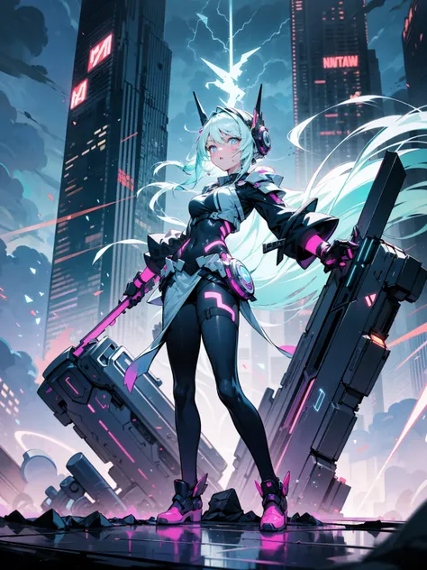 ((full body shot)) of a girl in a sleek, futuristic robe with metallic accents, standing in a stormy, high-tech cityscape. She has short, spiky silver hair and glowing blue eyes, with electricity crackling around her. She holds an advanced staff made of me...