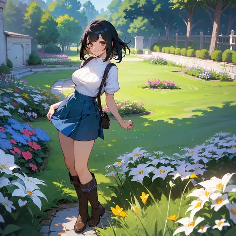 (high quality, High resolution, Very detailed, reality:1.37), Peaceful atmosphere, (Outdoor, garden), Teenage girl standing alone, (my breasts are big.), Beautiful details, Cute Smile, (Black bob hair), Short sleeve ribbed sweater, Blue Skirt, Black tights...