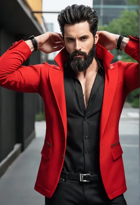 nobody&#32;s alter ego,( pale glowing skin) , half black beard, realistic, stylish hair, strong body, handsome, wearing red jacket