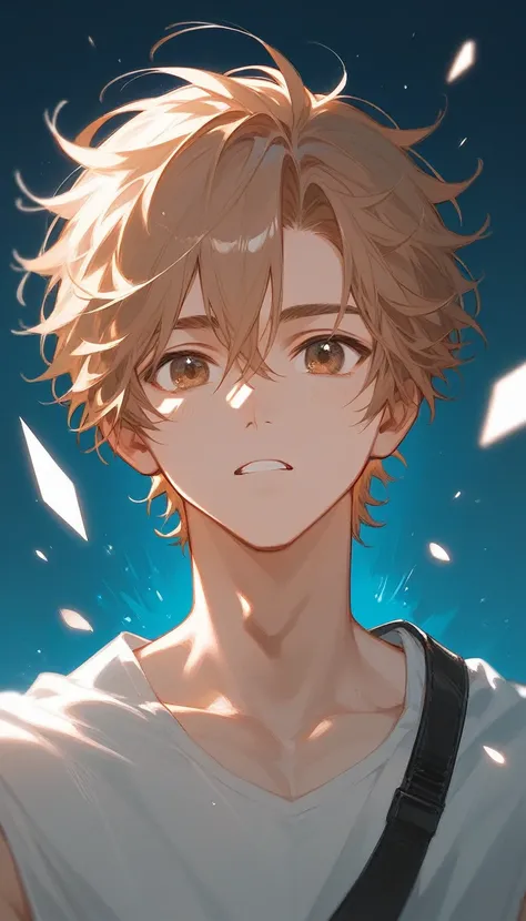 Mikael is a 14 years old boy, he has neck-length blond hair that are often messy, giving him a carefree, slightly rebellious look. His hair frames his face falling into his eyes. He has warm brown eyes that convey a depth of emotion, often hinting at his s...