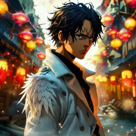 Black man, shaved hair, white overcoat, small wings on the back, serious look, "One Piece-inspired anime design, filled with dramatic and impressive lighting, incredible angles, infused with creative details, ultra-fine 2D design, scenery bathed in creativ...