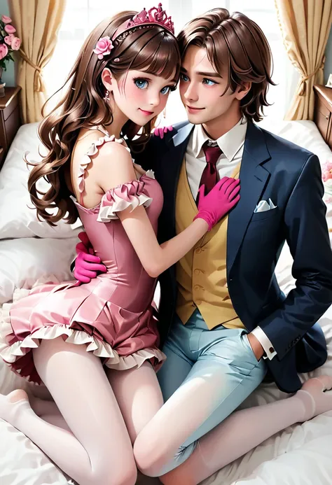 (Style-Princess) (1 man, 1 catgirl) (hetero, couple) (crossdressing, fully clothed) (brown hair, blue eyes) (portrait) (womens clothes only) (womens beautifully feminine skintight velvet floral print frilly girly pink adorable ballet leotards:1.4) (white p...