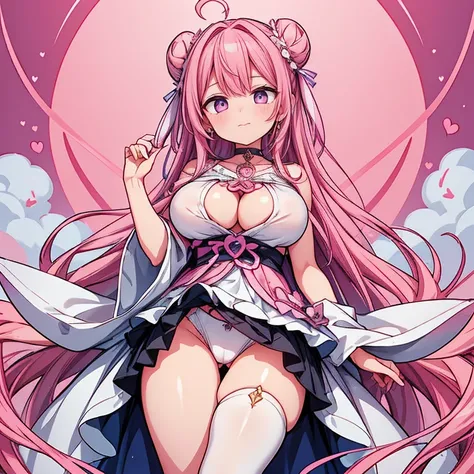 Anime Kawaii sexy Perfect Slim sensual body large breast and huge thighs, An intricate and highly detailed illustration of anime (Young girl). 1 girl, long pink bun hair, Symbol-shaped eyes, +_+, breasts big, Idol Costume, {girl with long pink bun hair nam...