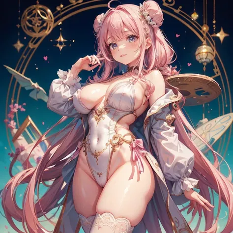 Anime Kawaii sexy Perfect Slim sensual body large breast and huge thighs, An intricate and highly detailed illustration of anime (Young girl). 1 girl, long pink bun hair, Symbol-shaped eyes, +_+, breasts big, Idol Costume, {girl with long pink bun hair nam...