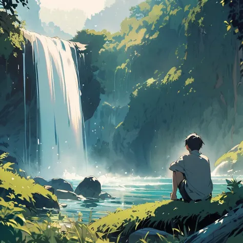 A boy is sitting near a waterfall or a girl is watching the water.