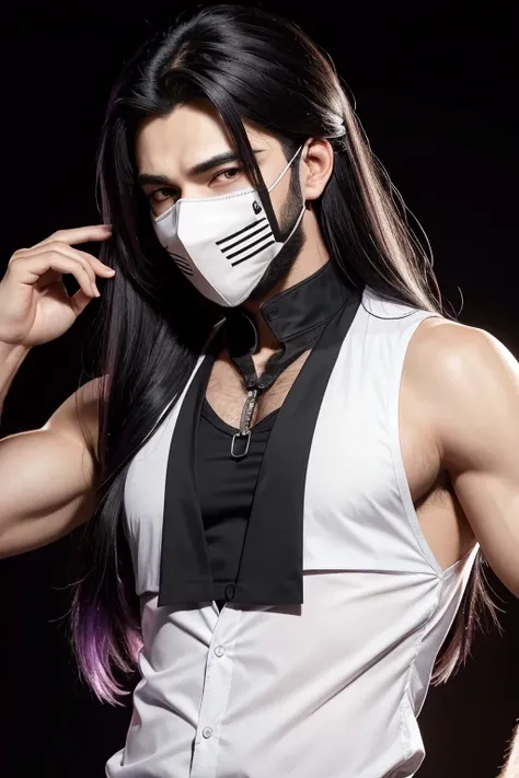 A male character with a sharp-toothed mask with bright purple eyes and long black hair tied with a neutral colored sleeveless blouse