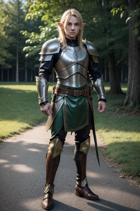 Male elf full body with blond green eye with leather armor