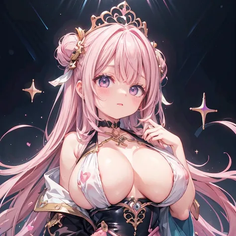 Anime Kawaii sexy Perfect Slim sensual body large breast and huge thighs, An intricate and highly detailed illustration of anime (Young girl). 1 girl, long pink bun hair, Symbol-shaped eyes, +_+, breasts big, Idol Costume, {girl with long pink bun hair nam...