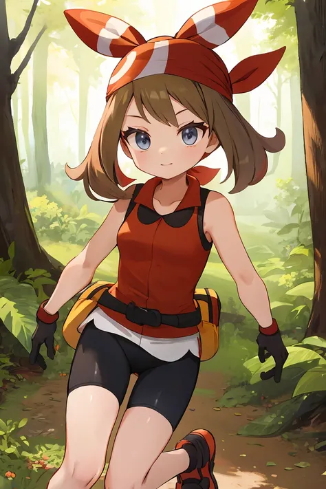 una chica caminando por el bosque, may, shirt, bike shorts, bandana, red shirt, hairband, medium hair, gloves, shorts, bow hairband, sleeveless, red bandana