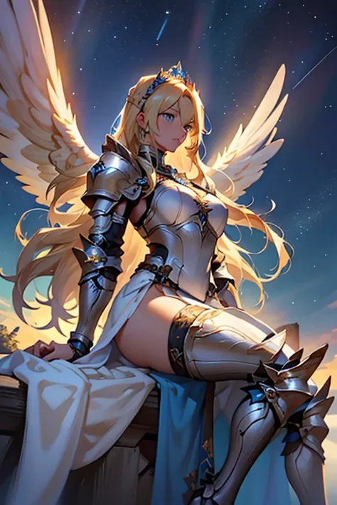 woman, long hair, blonde hair, blue eyes, wears armor, underneath the armor she wears pants that go down to the armor on her legs, and on her legs armor goes up to the skirt, on the arms She only wears bracelets, a tiara with two angel wings, a white dress...