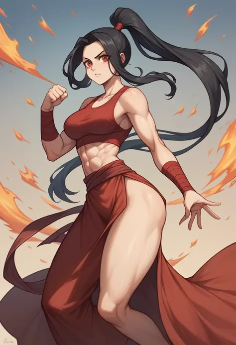 1 girl, long black hair with a ponytail (avatar style),  red eyes, beautiful, light skin color , wide shoulders, thin waist, medium breasts, defined thighs, thin, defined lean , showing abs ,wide hips, medium ass, avatar style, dark red tank top from the f...