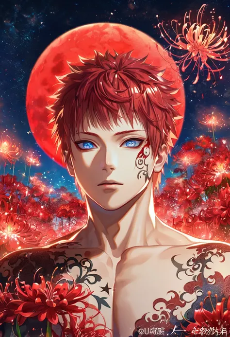 absurdres, highres, ultra detailed, HDR, master piece, best quality, extremely detailed, Gaara, red hair, expressive blue eyes, Naruto Shippuden, solo, sexy man, handsome, red clothes, fantasy, red blood water, sparkling, red glittering fireflies, red moon...