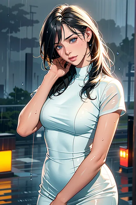 Highest quality, (Realistic image of a beautiful girl very soaking wet all over, solo, medium shot), (((Night of stormy rain))), (Heavy rain is falling), extremely pretty girl standing on the street, (Beautifully curved hourglass body shape), Amazing cute ...