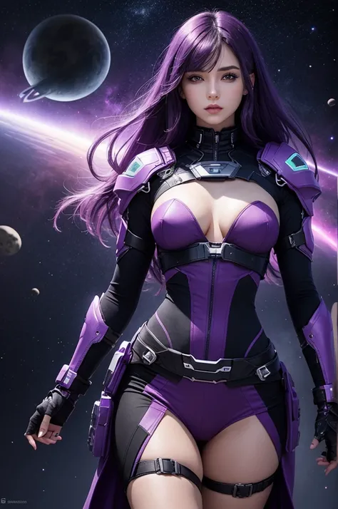 Create a female character with dark purple hair and a futuristic outfit in the middle of space 