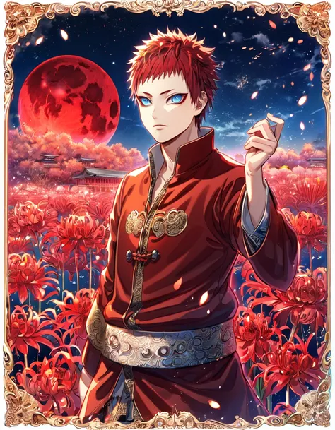 absurdres, highres, ultra detailed, HDR, master piece, best quality, extremely detailed, Gaara, red hair, short bangs, without eyebrows, expressive blue eyes, Naruto Shippuden, solo, sexy man, handsome, red coat, fantasy, red blood water, sparkling, red gl...