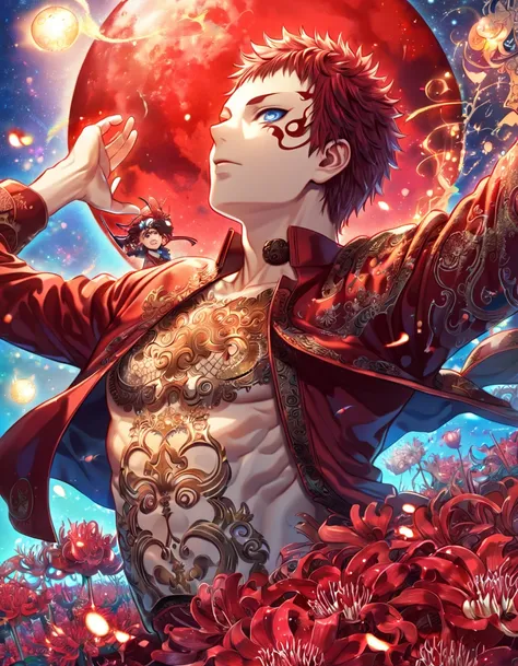 absurdres, highres, ultra detailed, HDR, master piece, best quality, extremely detailed, Gaara, red hair, short bangs, without eyebrows, expressive blue eyes, Naruto Shippuden, solo, sexy man, handsome, red coat, fantasy, red blood water, sparkling, red gl...